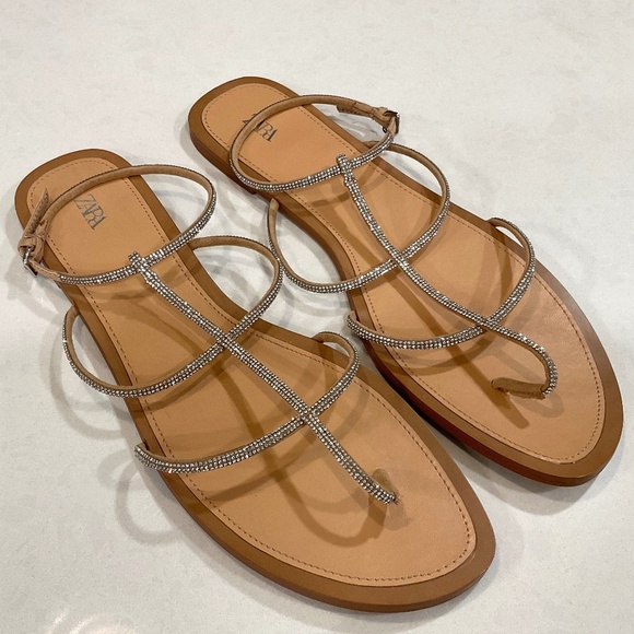 ZARA Flat Rhinestone Ankle Strap Sandals LIKE NEW Size EU 41 - Picture 1 of 8